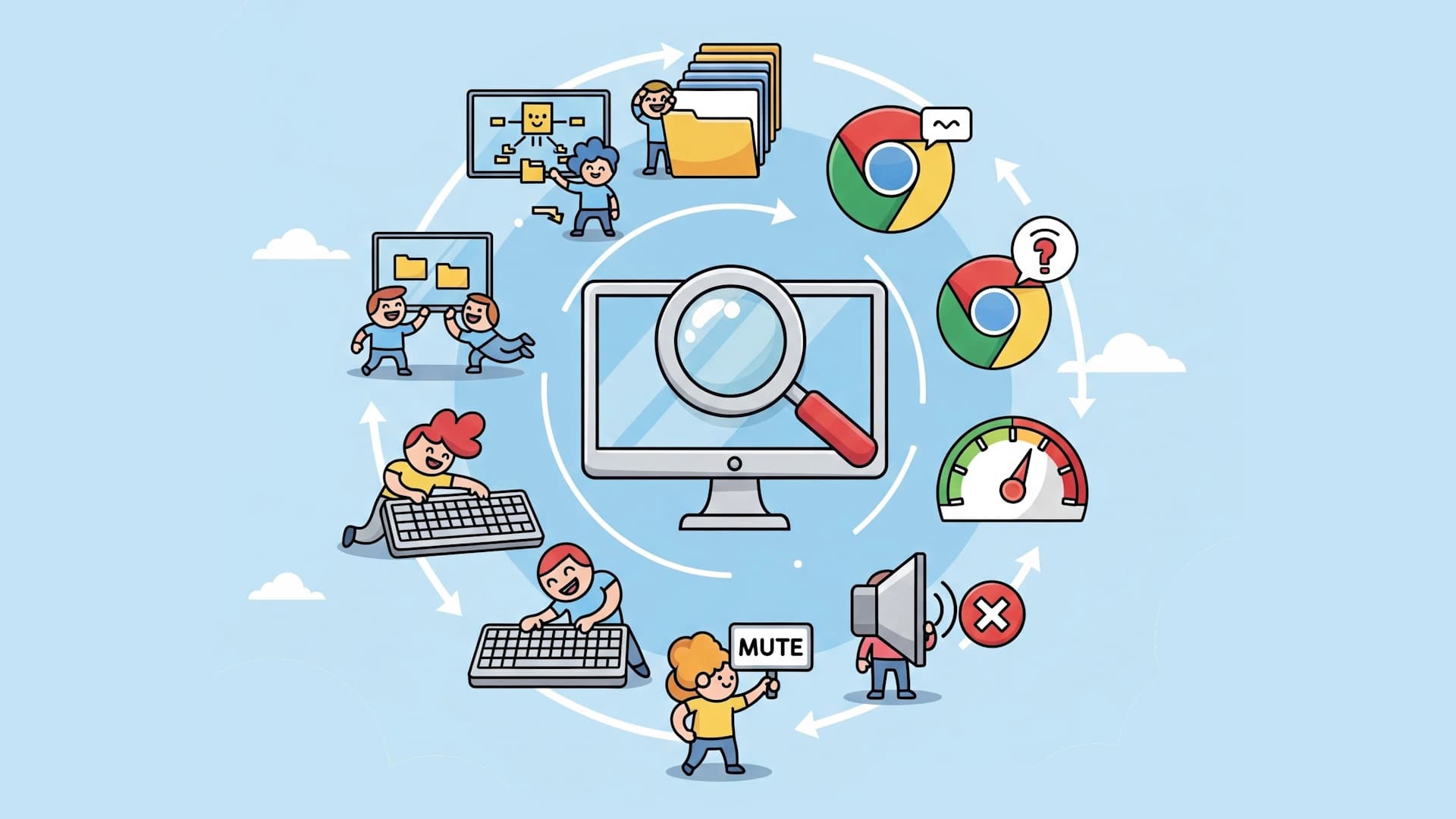 Cartoon Chrome extensions in a cycle, development cycle