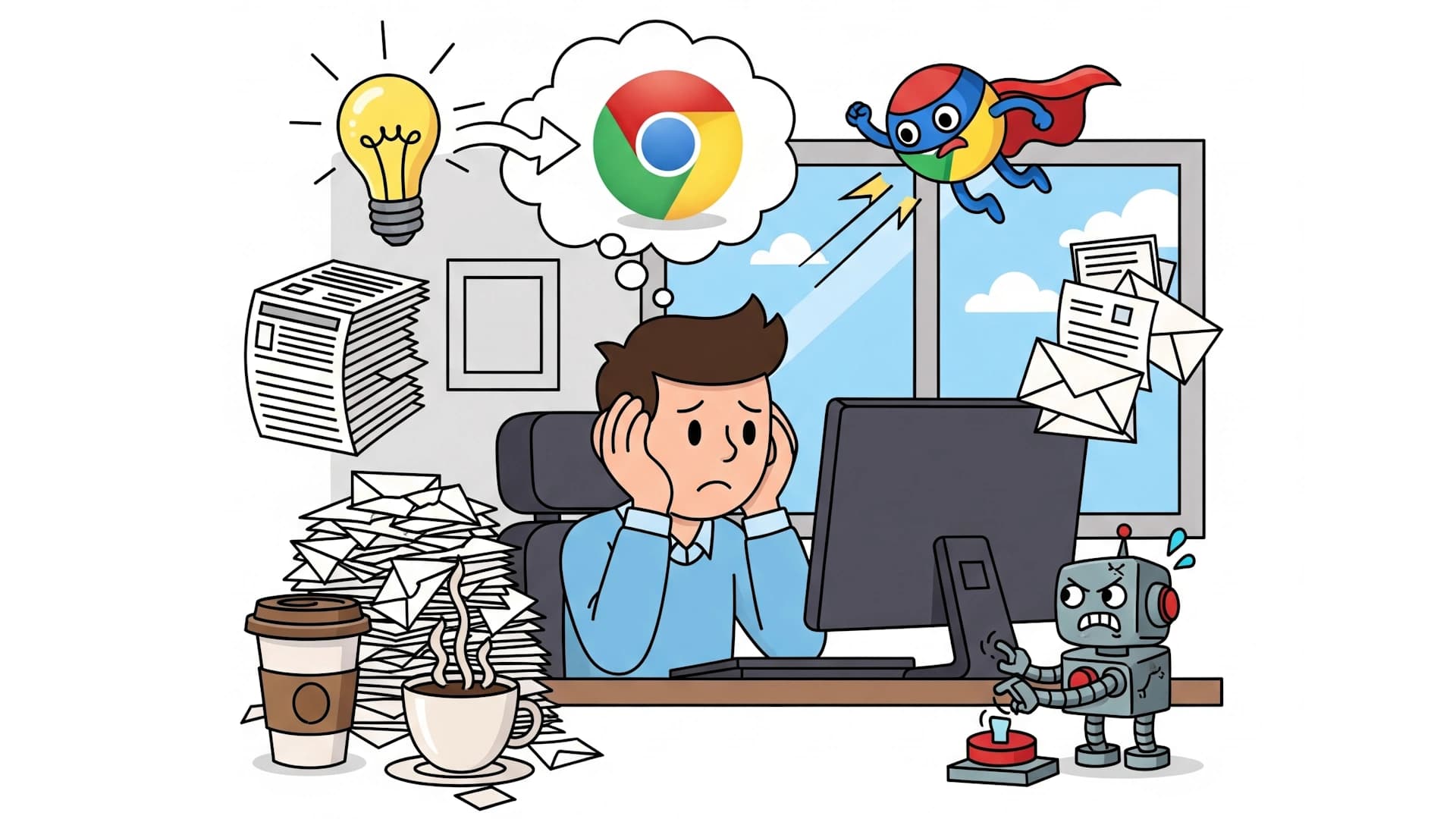 Cartoon boy stressing over finding a Chrome extension idea