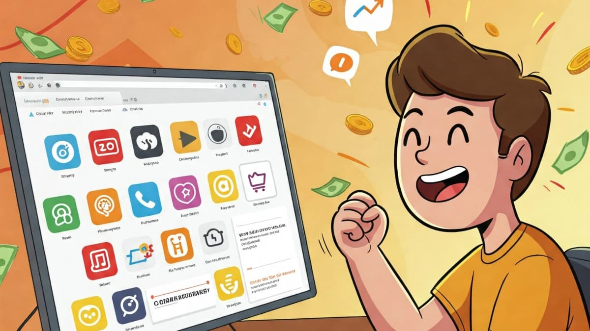 Cartoon boy screen excited at his screen after making money