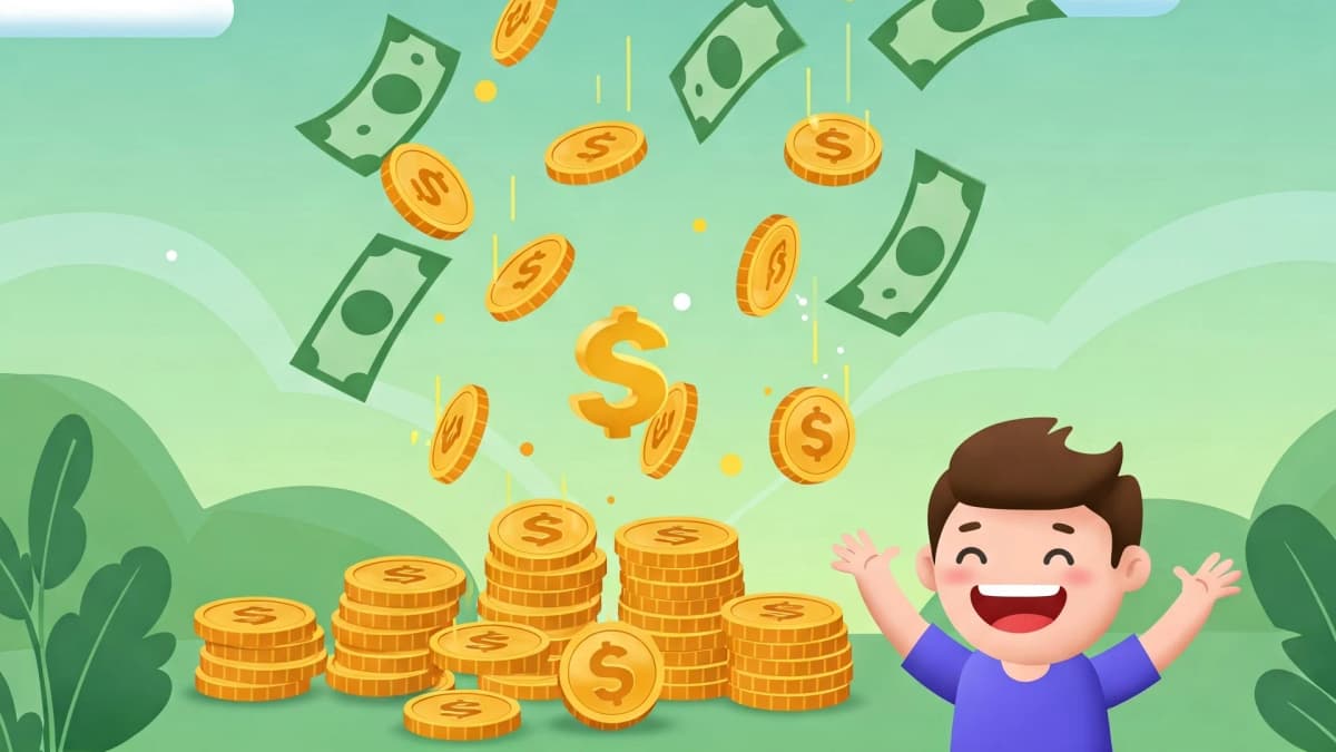 Cartoon boy surrounded with money