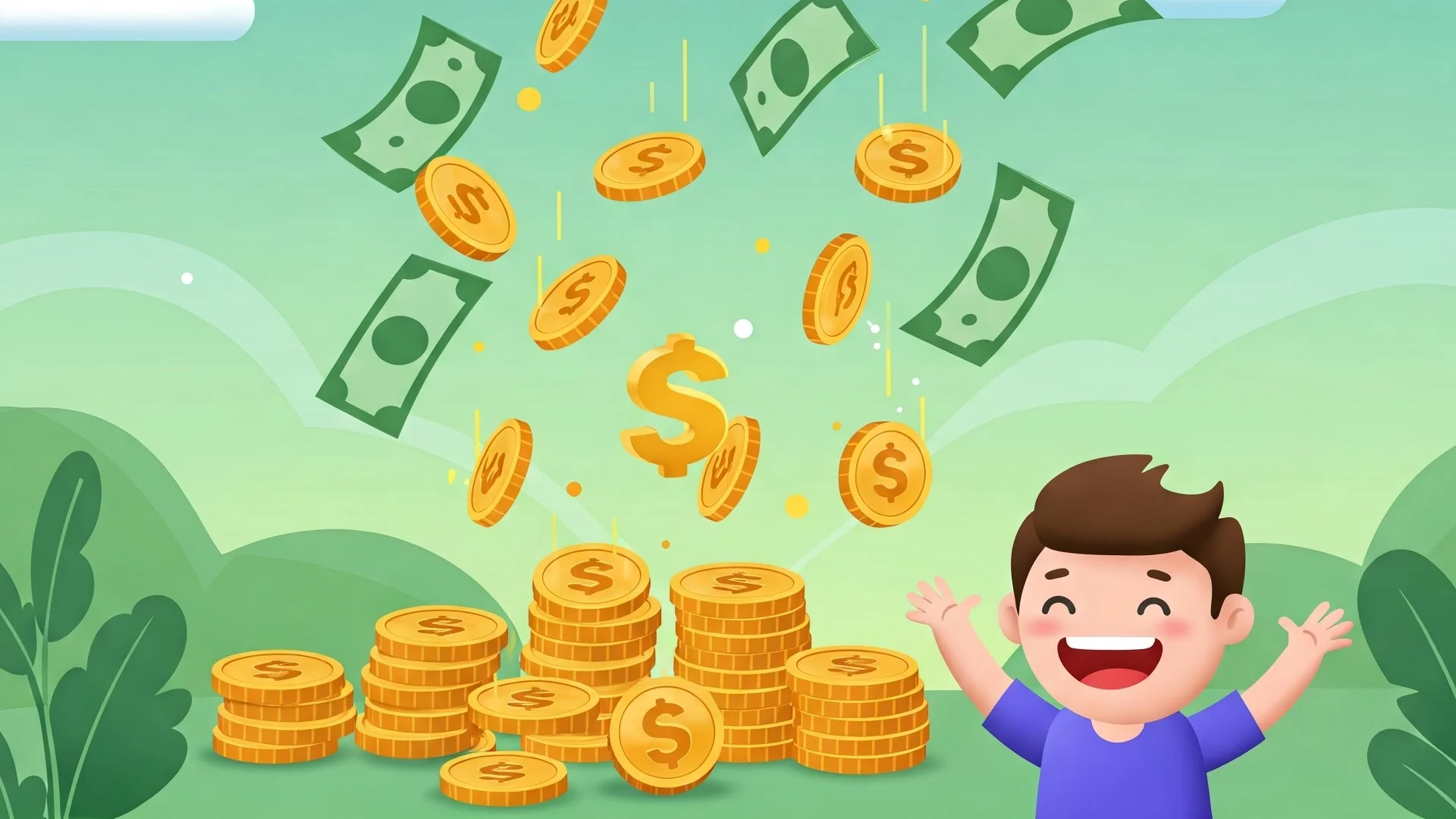 Cartoon boy surrounded with money