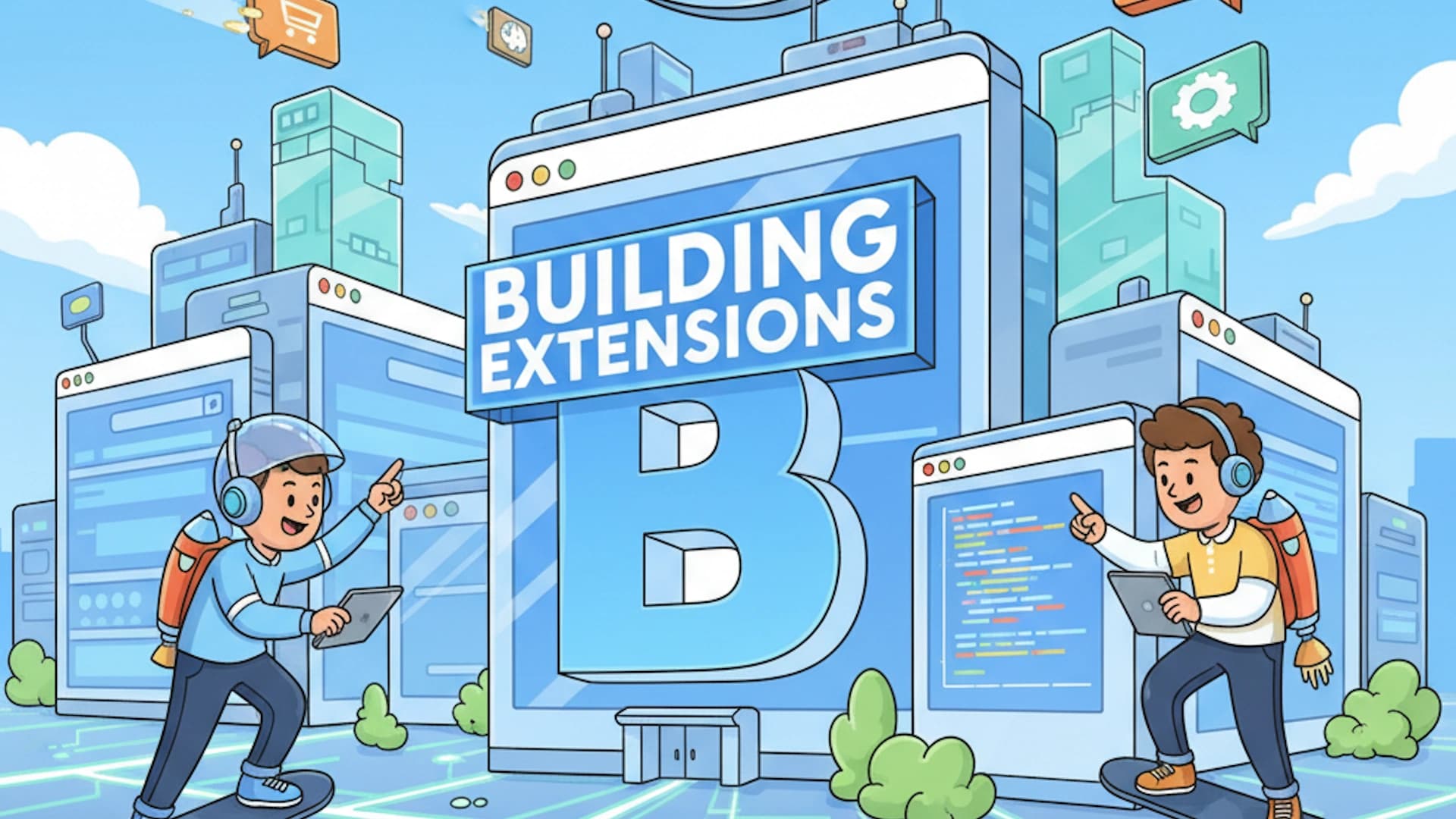 Cartoon boys working on building Chrome extensions