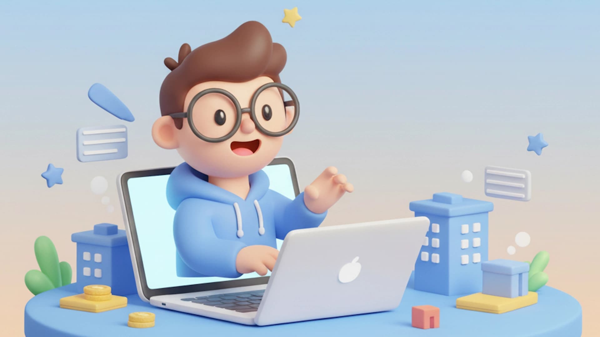 Cartoon boy on his laptop making a Chrome extension