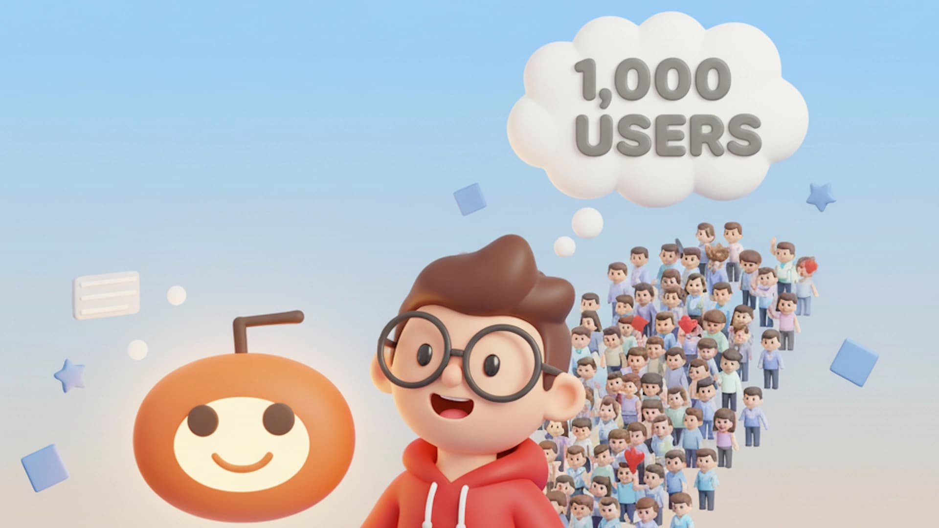 Cartoon boy sitting down trying to get 1000 users