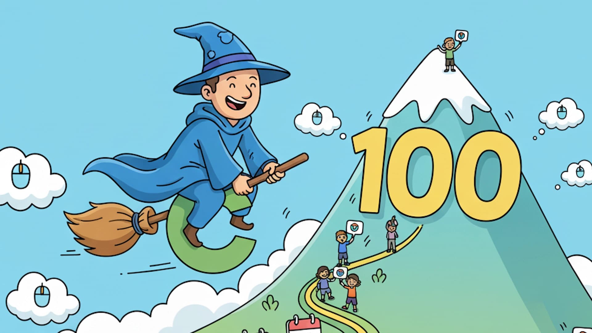 Wizard on a broom stick excited for 100 days mountain