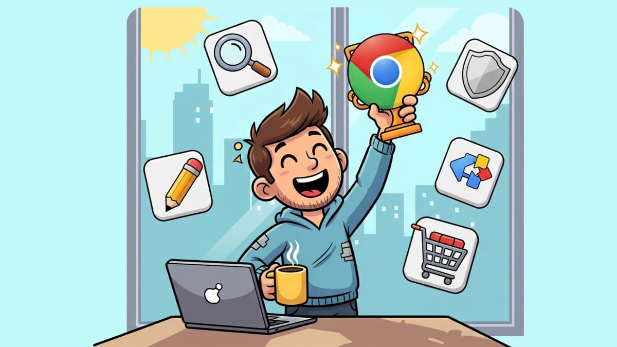 Cartoon boy with Chrome extension trophy