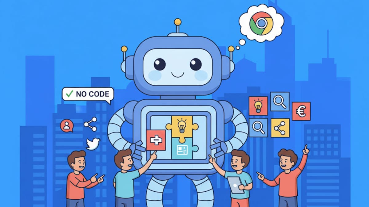 Cartoon robot with people talking with each other