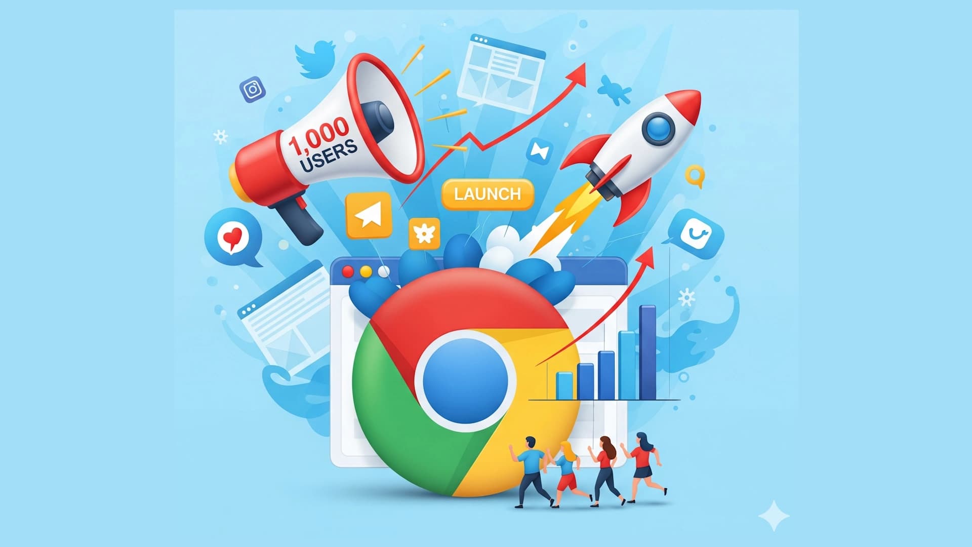 Cartoon people running into a Chrome extension icon