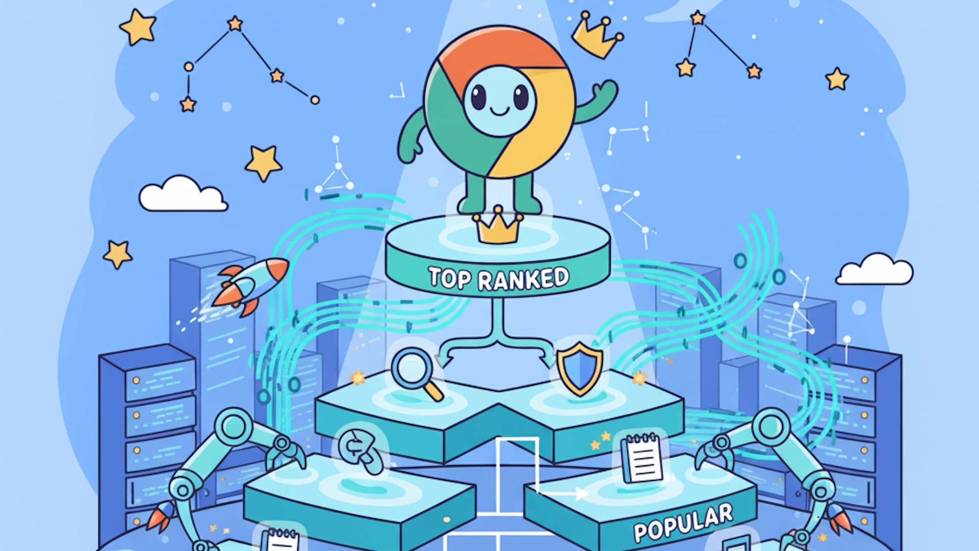 Cartoon Chrome extension on top of pillars being ranked popular