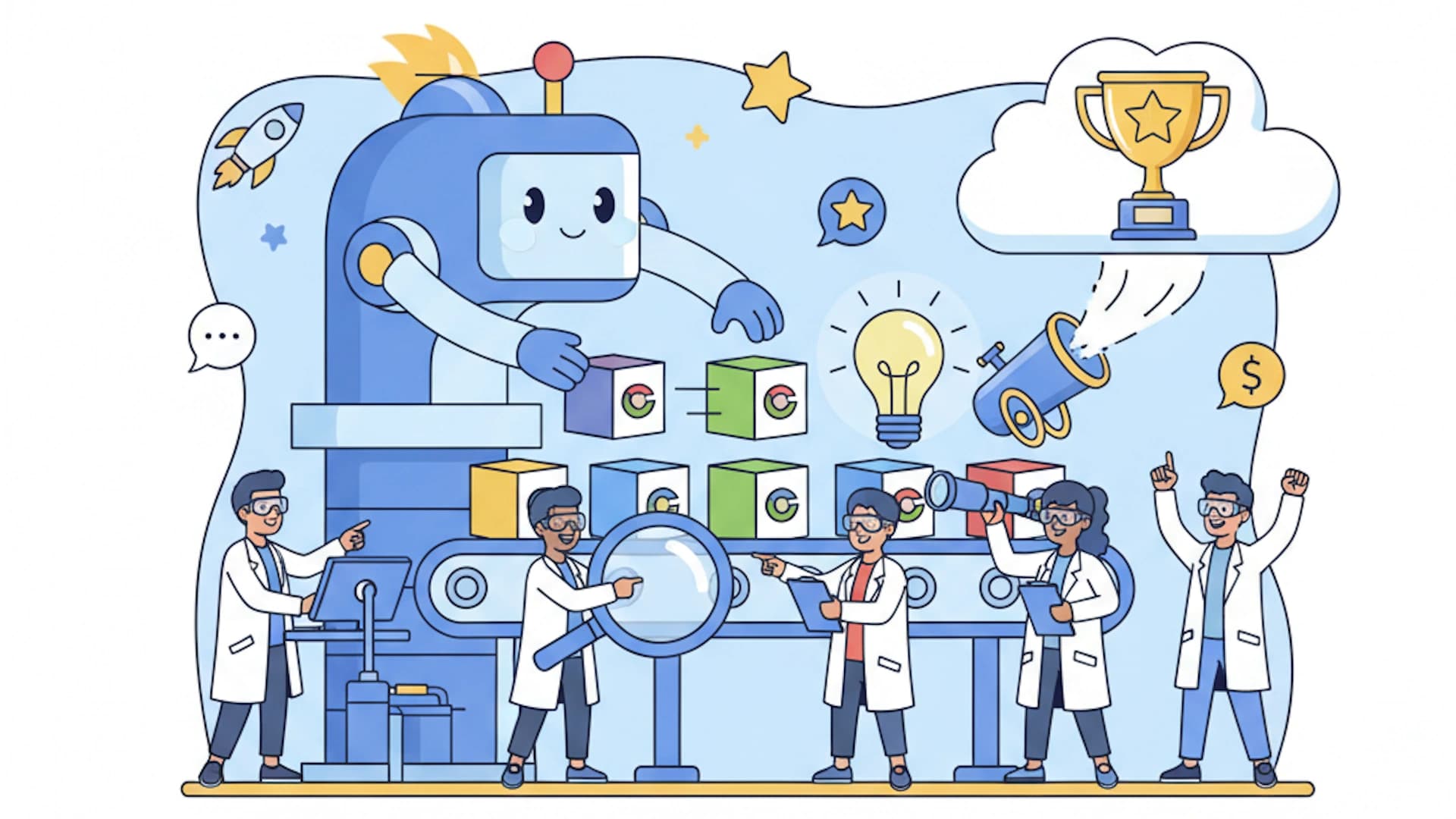 Cartoon scientists looking at SEO for Chrome extension ranking