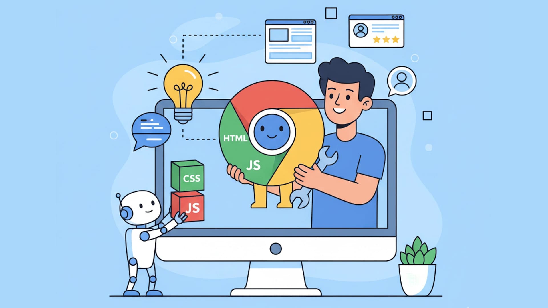 Cartoon boy with a Chrome extension logo