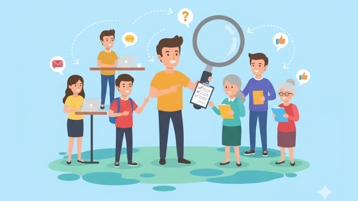 Cartoon men and women together finding users together