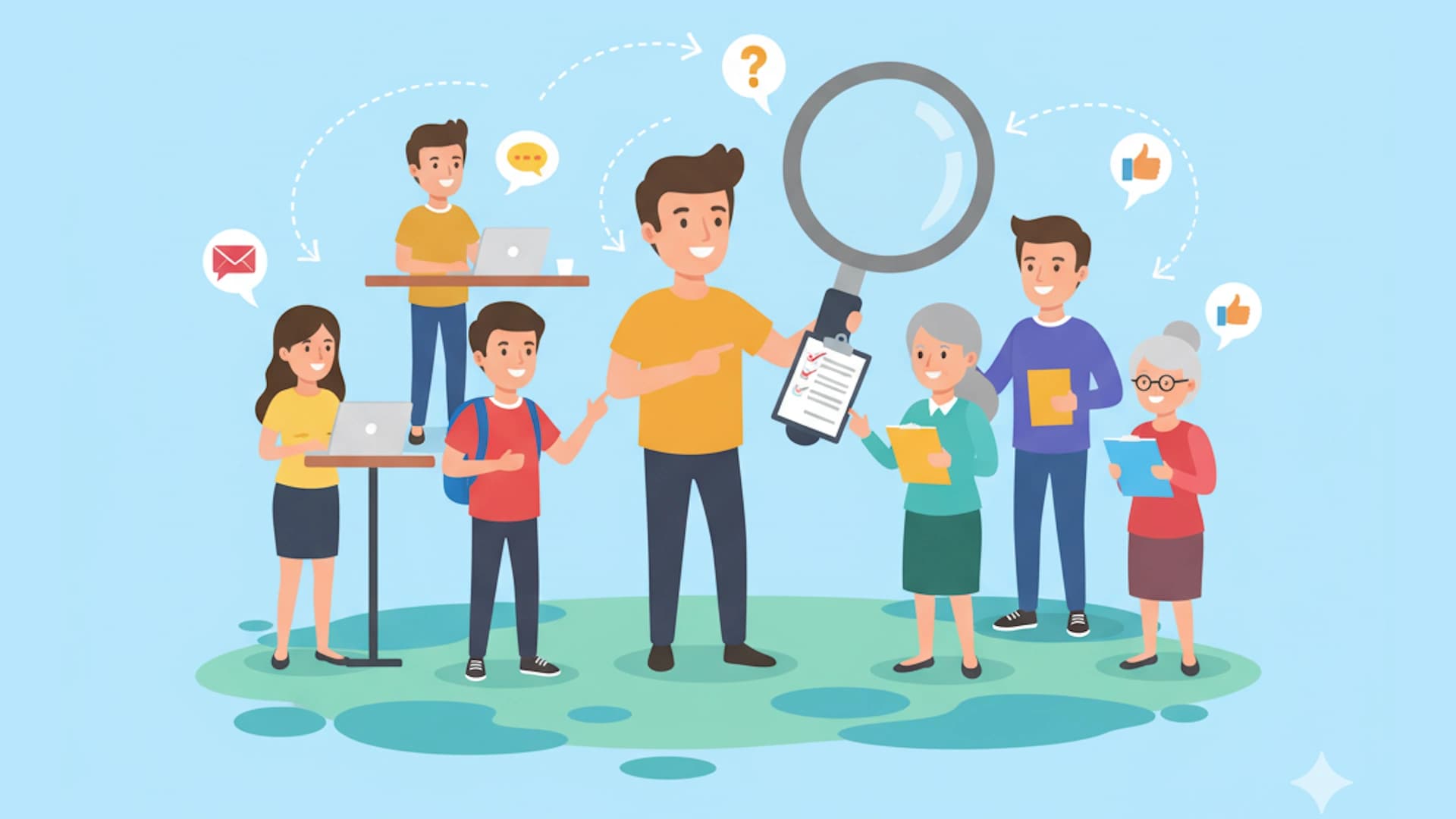 Cartoon men and women together finding users together