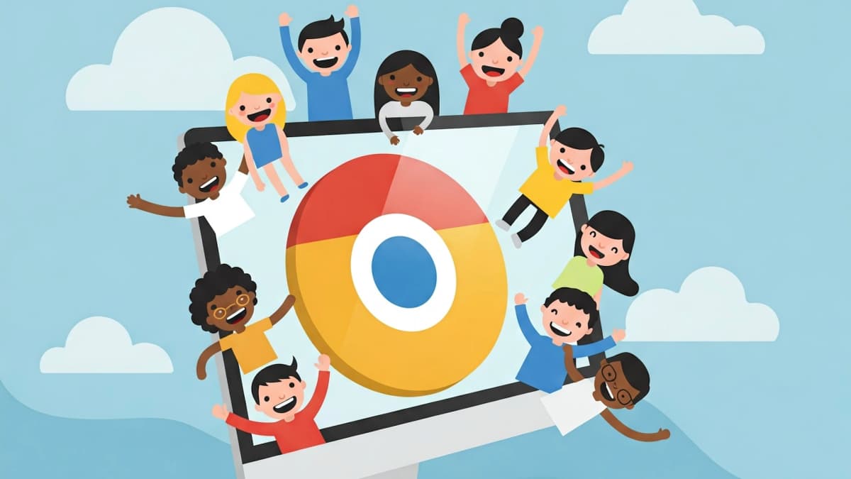 Cartoon men and women surrounding a computer screen