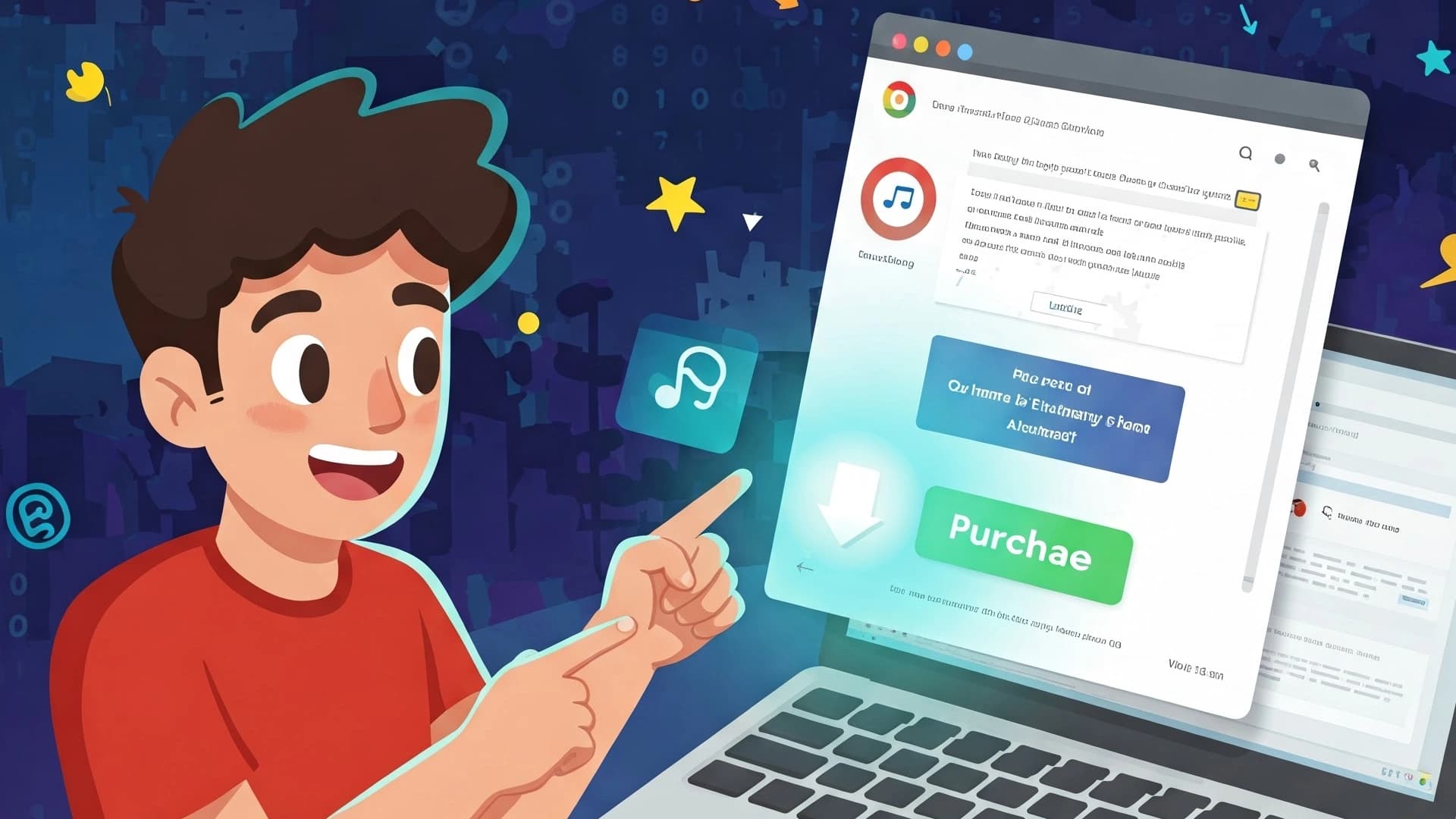 Cartoon boy screen excited at his screen after making his first paying customer