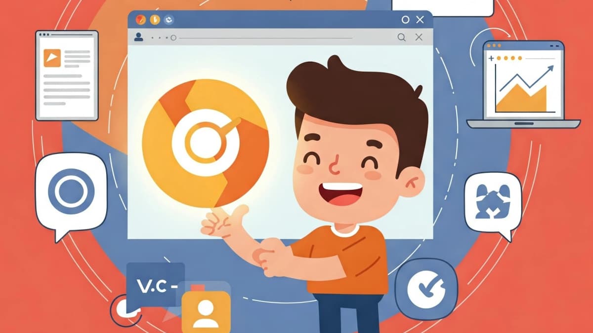 Cartoon happy boy surrounded by floating images representing business growth
