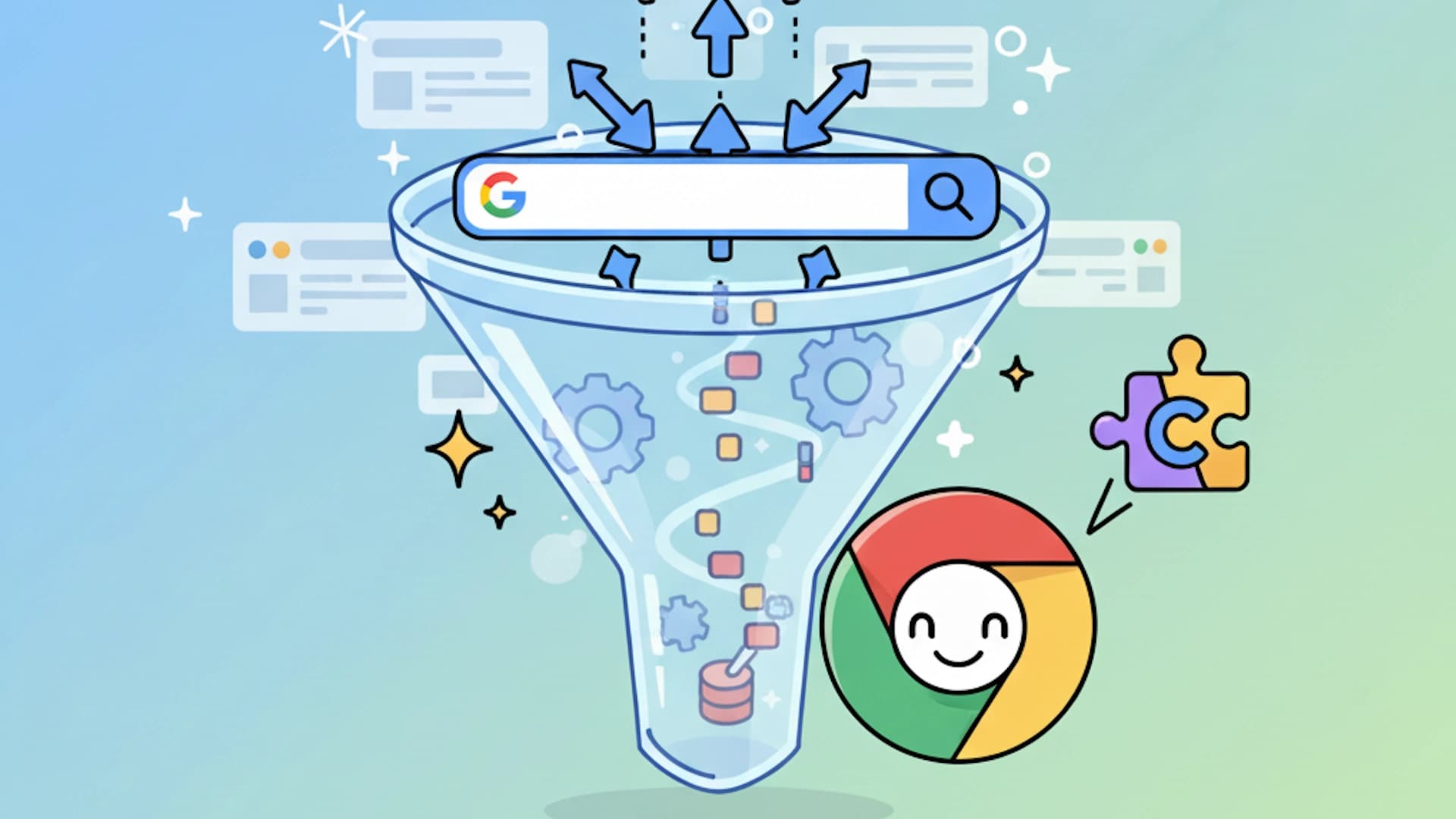 Cartoon Chrome extension with a funnel for Google search clicks