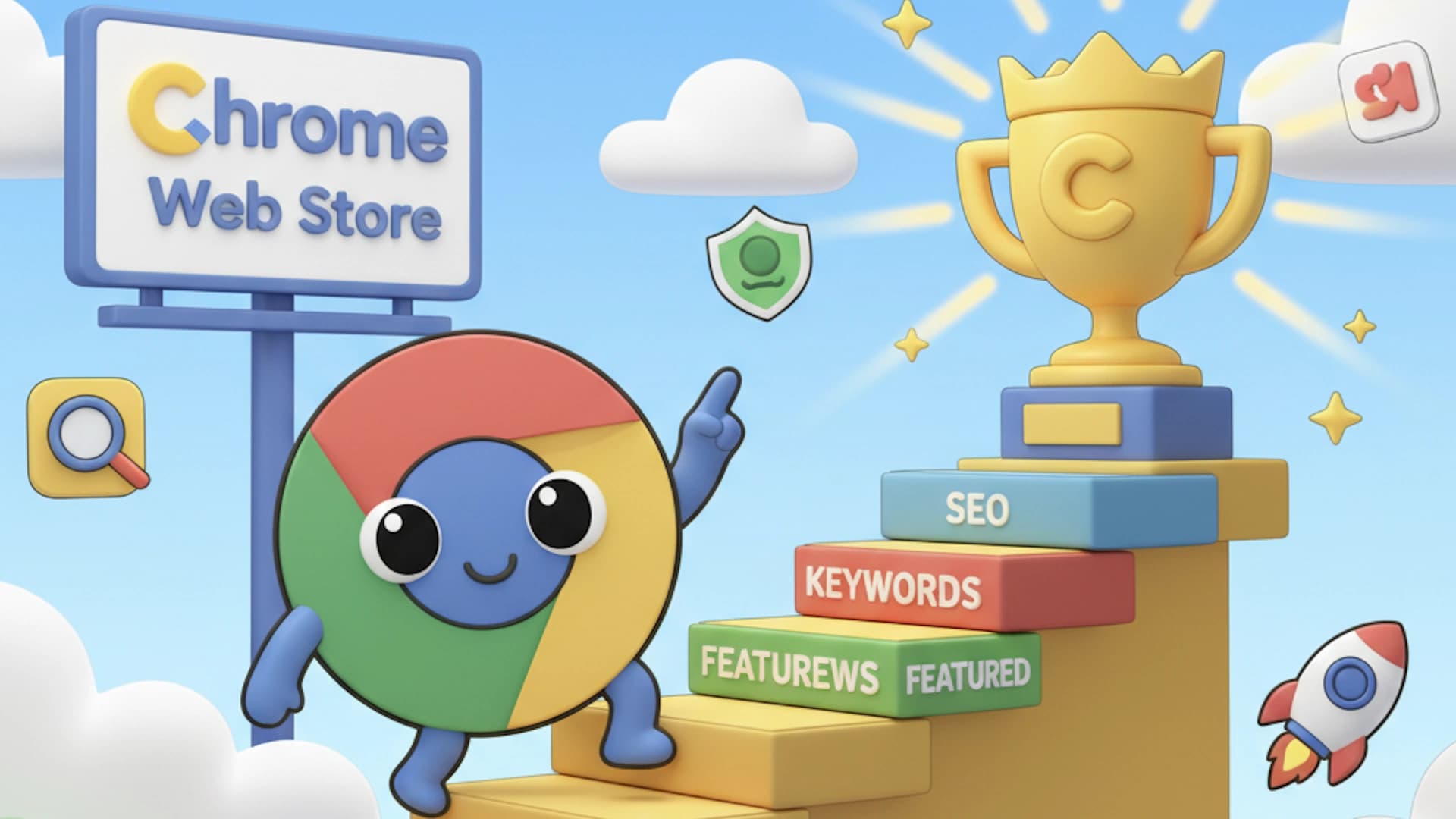 Cartoon Chrome extension climbing stairs