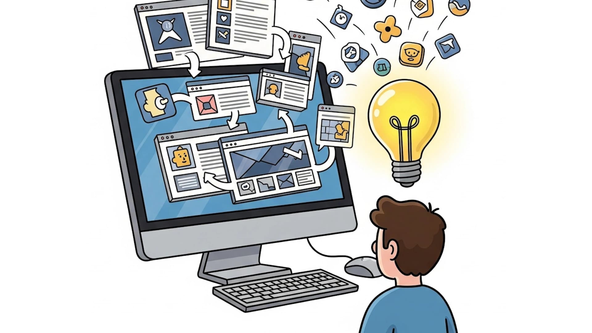 Cartoon boy looking into computer