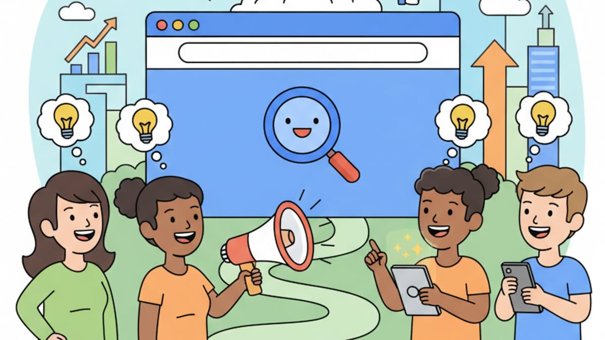 Cartoon kids looking for how to market their Chrome extension
