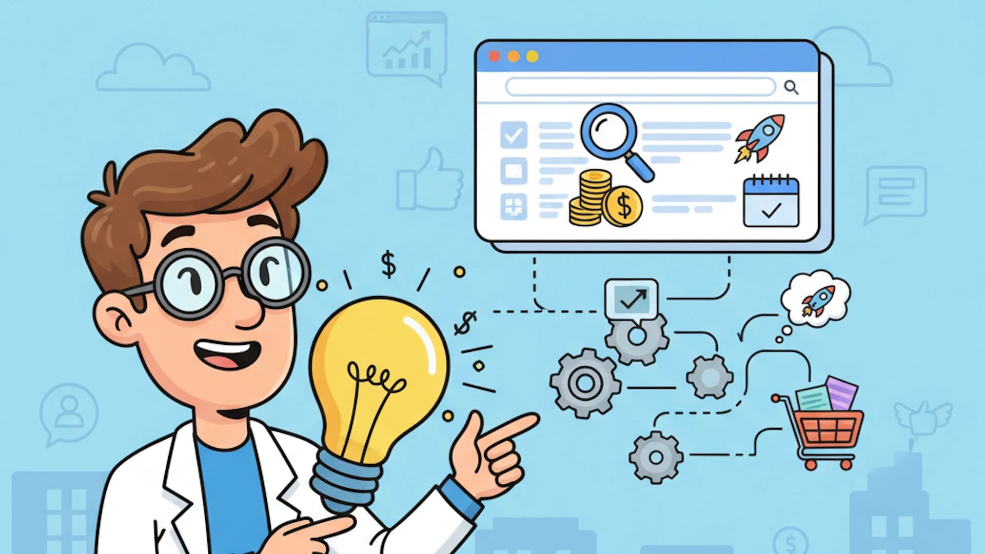 Cartoon boy looking like a scientist for Chrome extension ideas