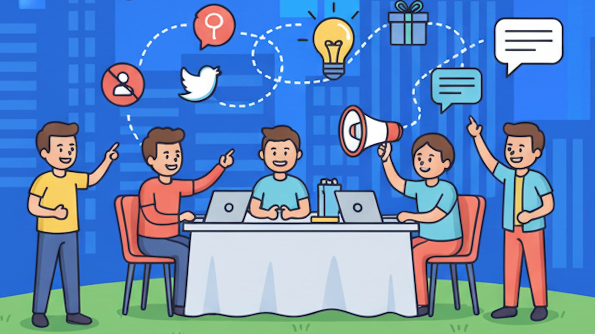 Cartoon people at a table talking about a seven-day marketing plan