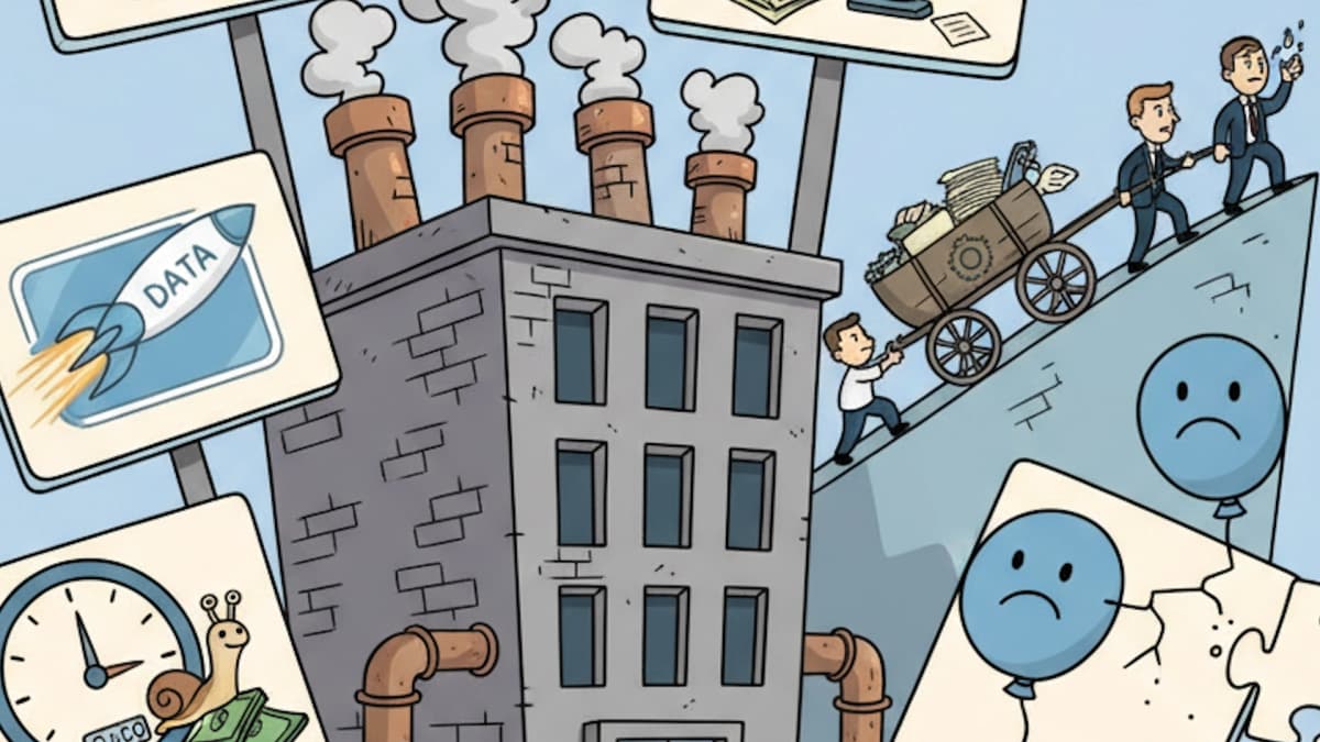 Cartoon business men struggling to make an item