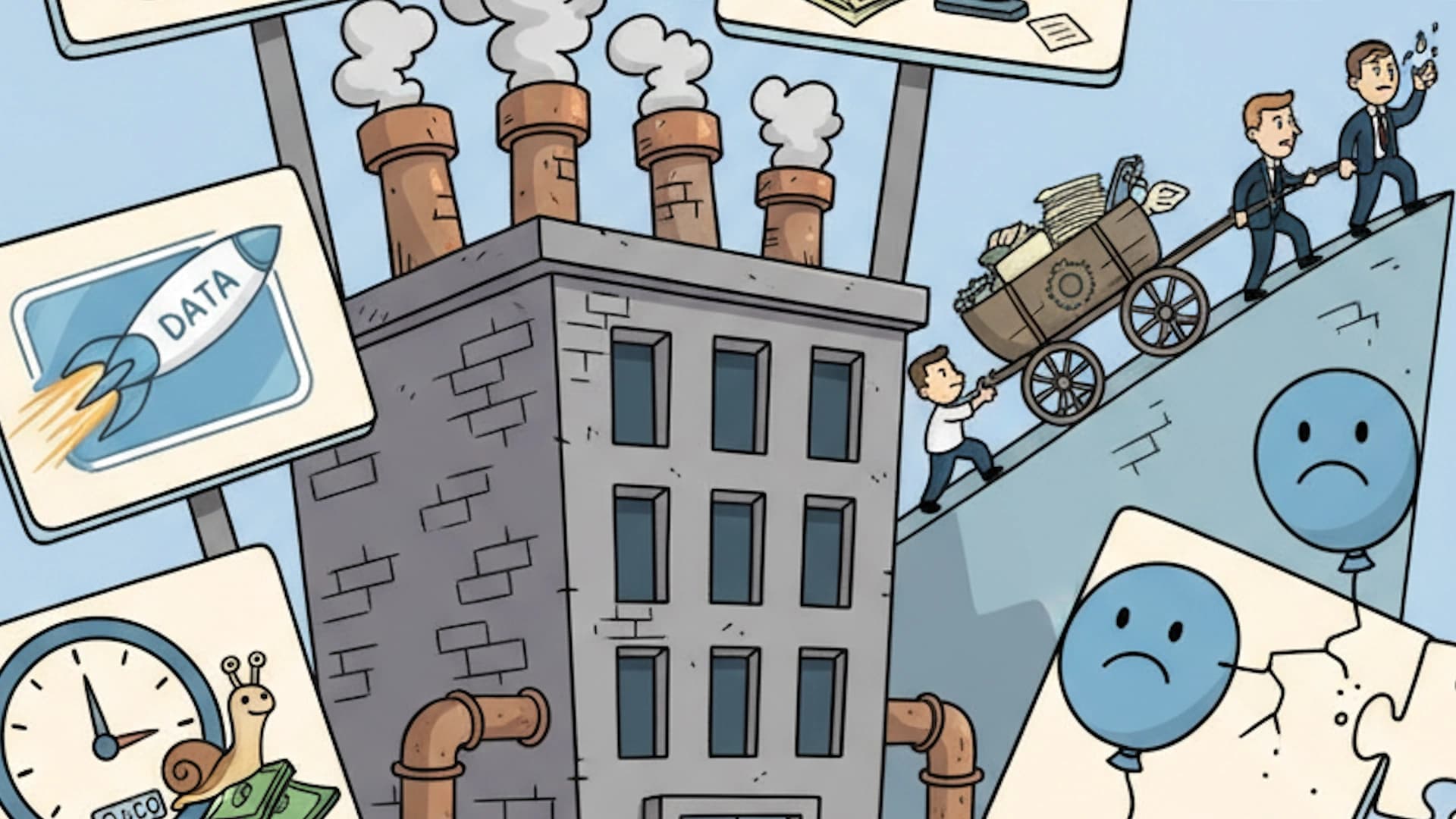 Cartoon business men struggling to make an item