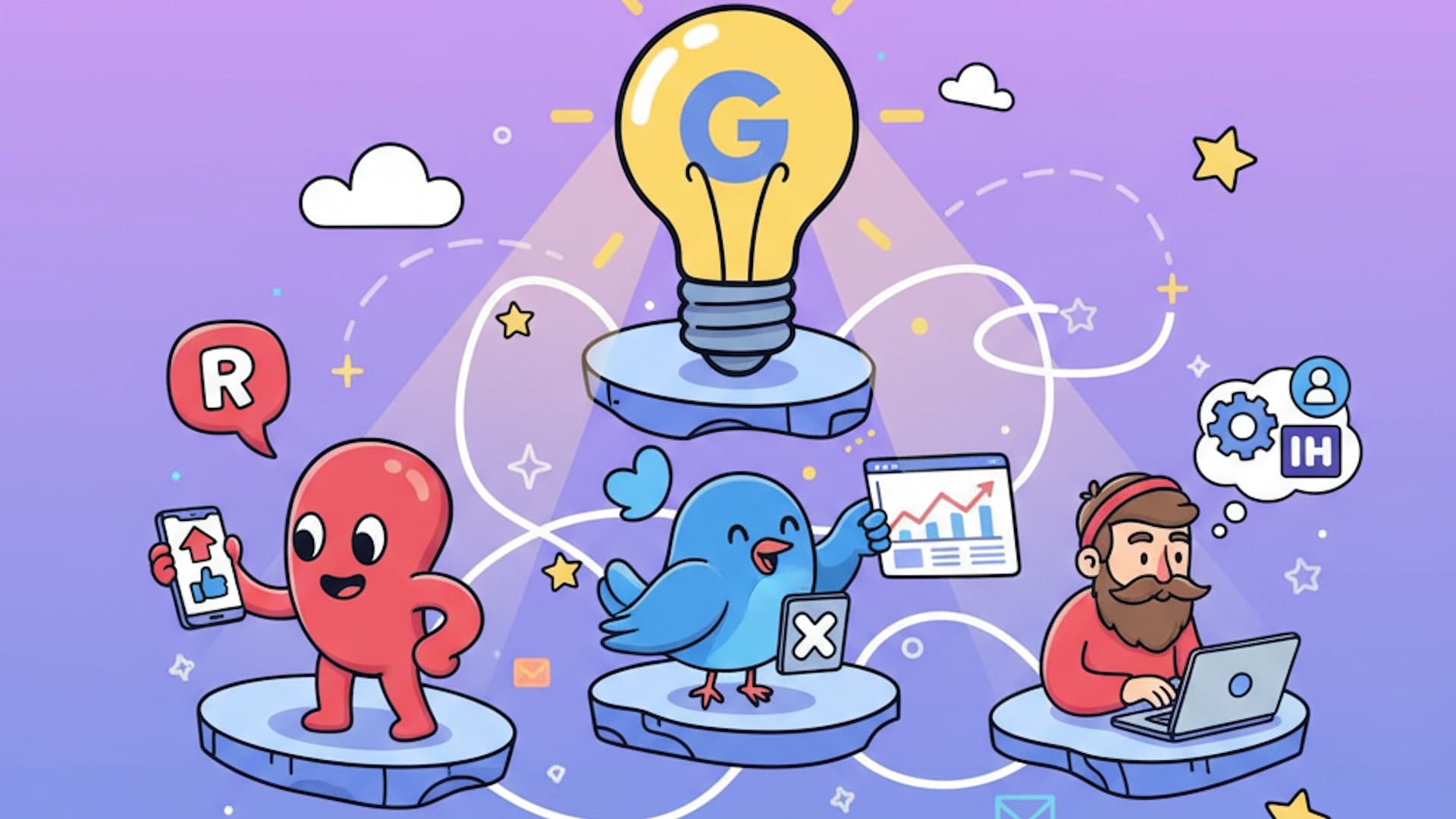 Cartoon characters representing social medias