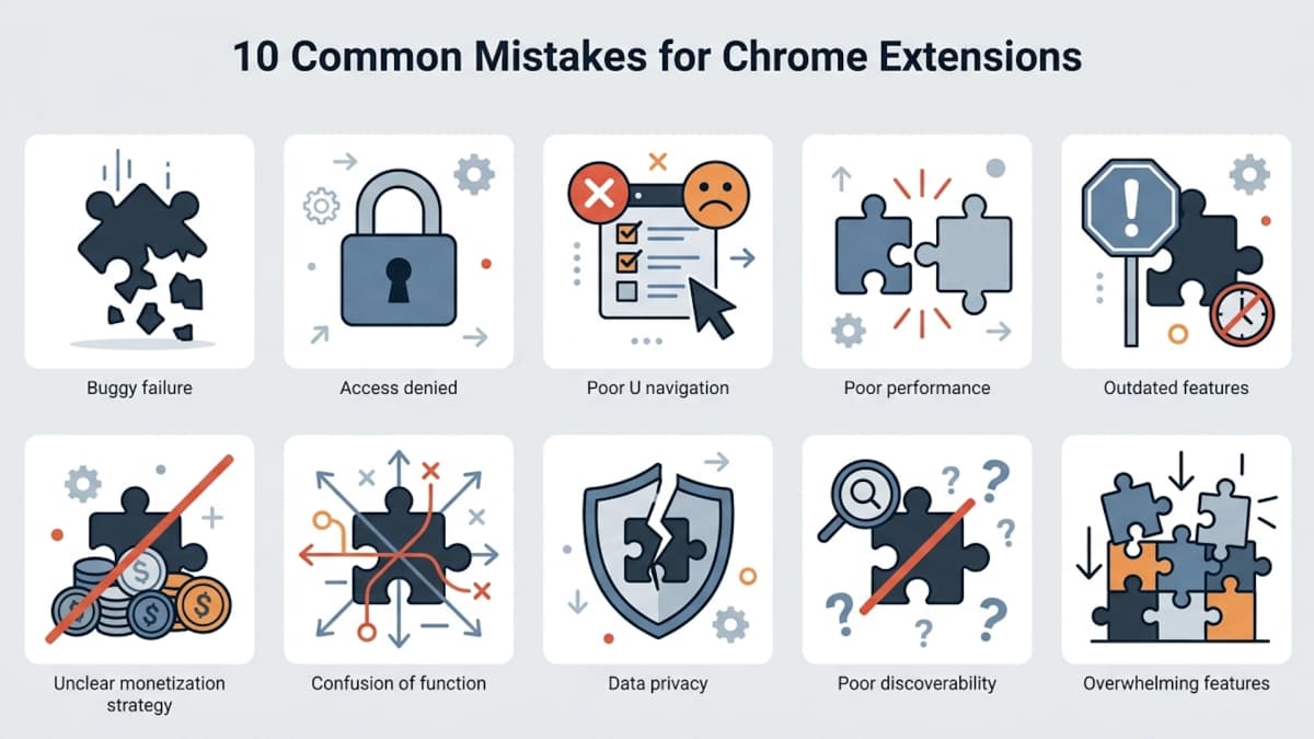 Cartoon showing a Chrome extension failing to launch