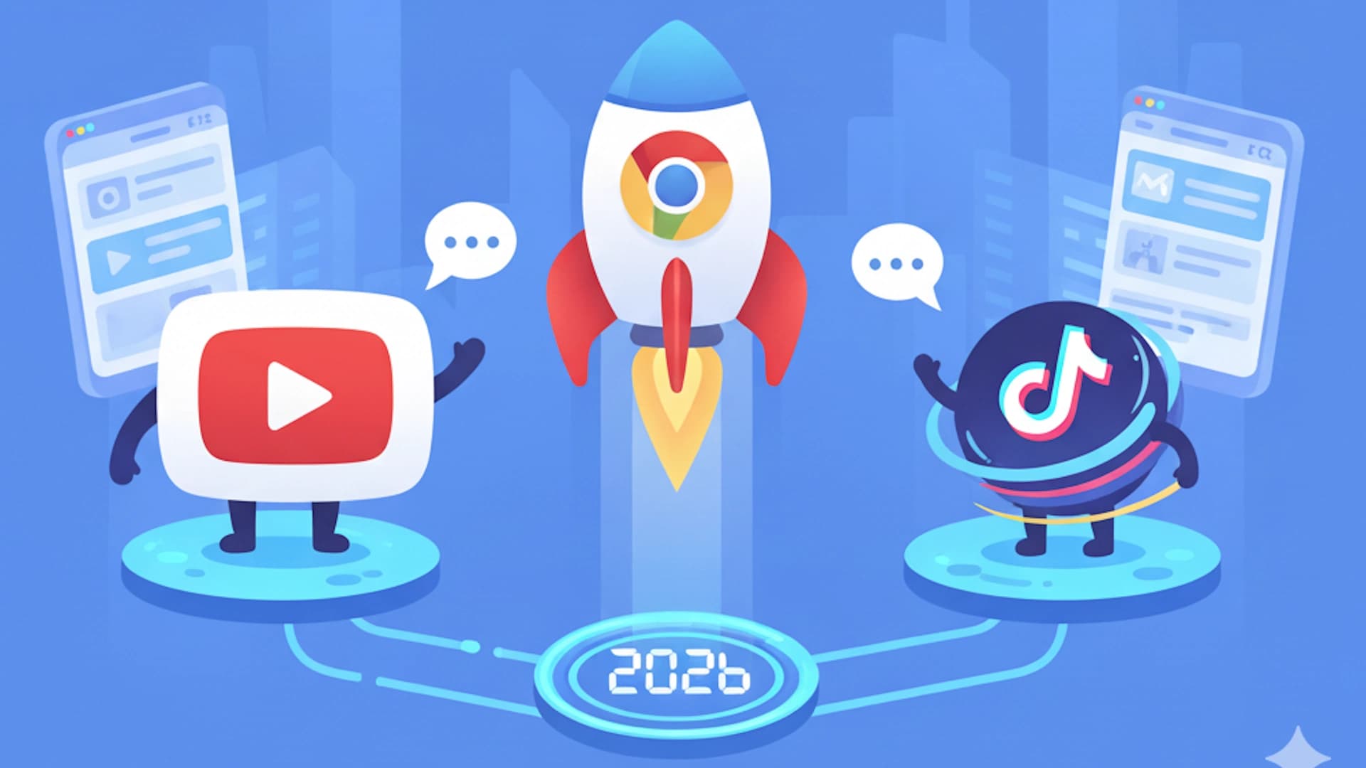 Cartoon YouTube and Tiktok with a rocket in 2026