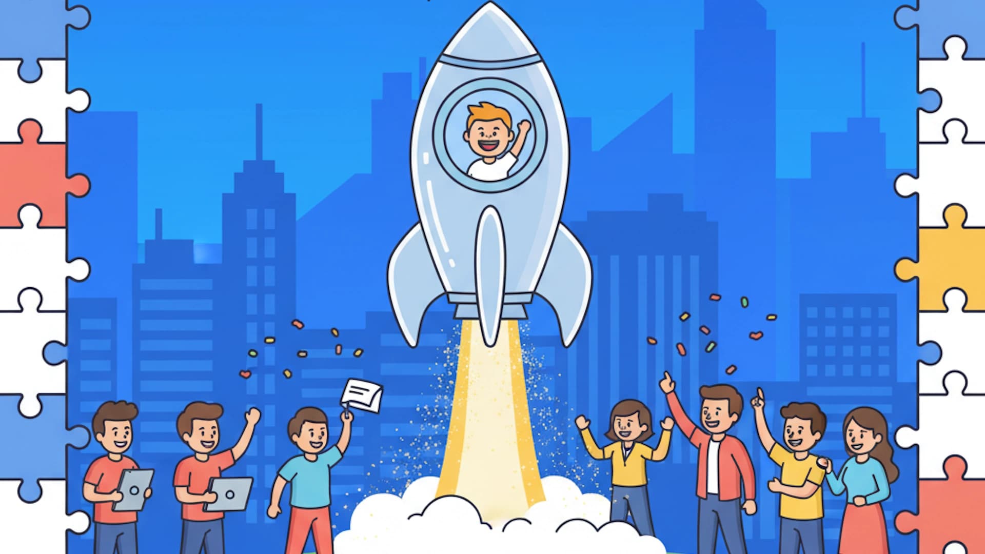 Cartoon boy inside of a rocket ship surrounded by people