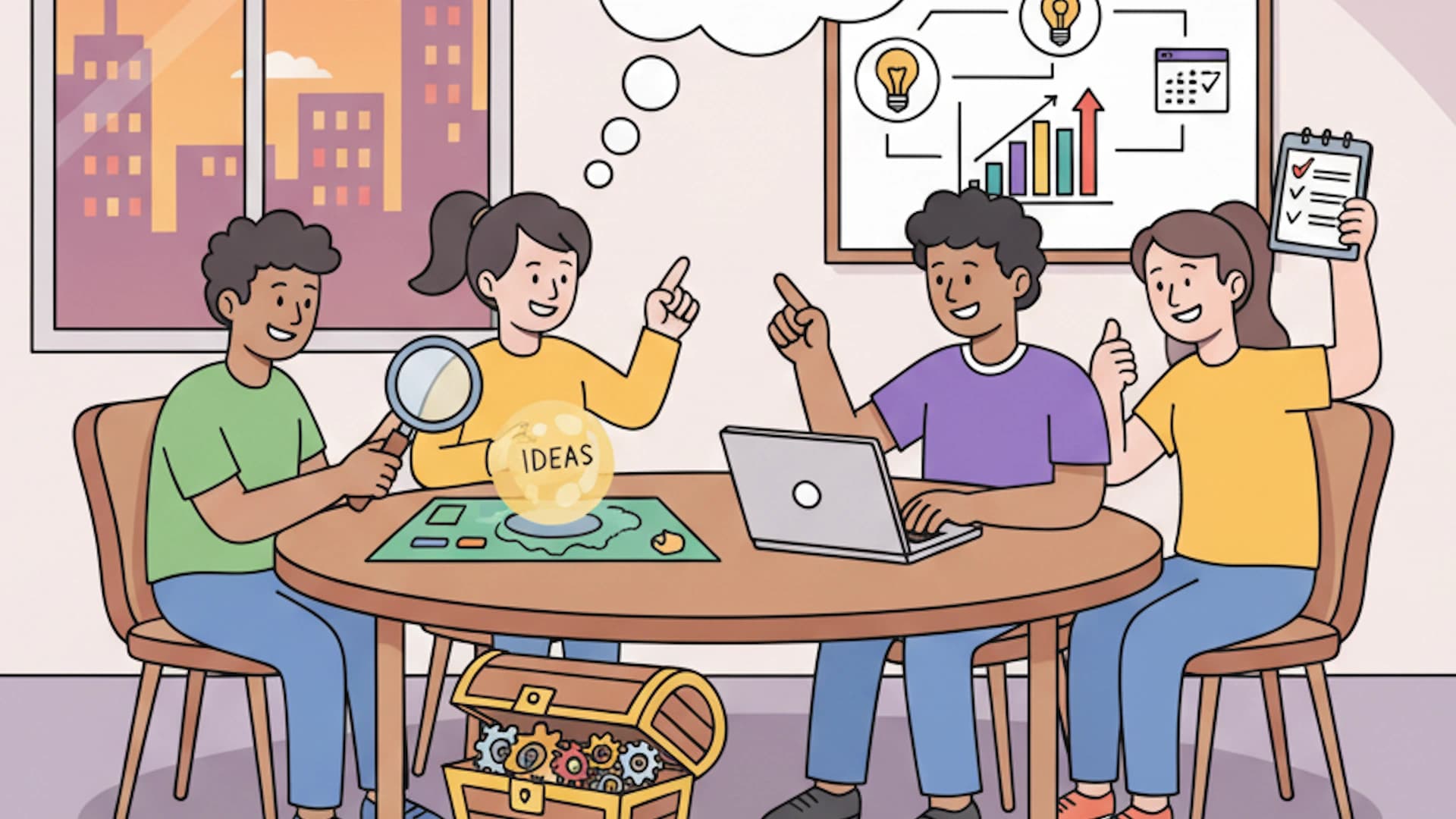 Cartoon friends sitting in a table coming up with Chrome extension ideas