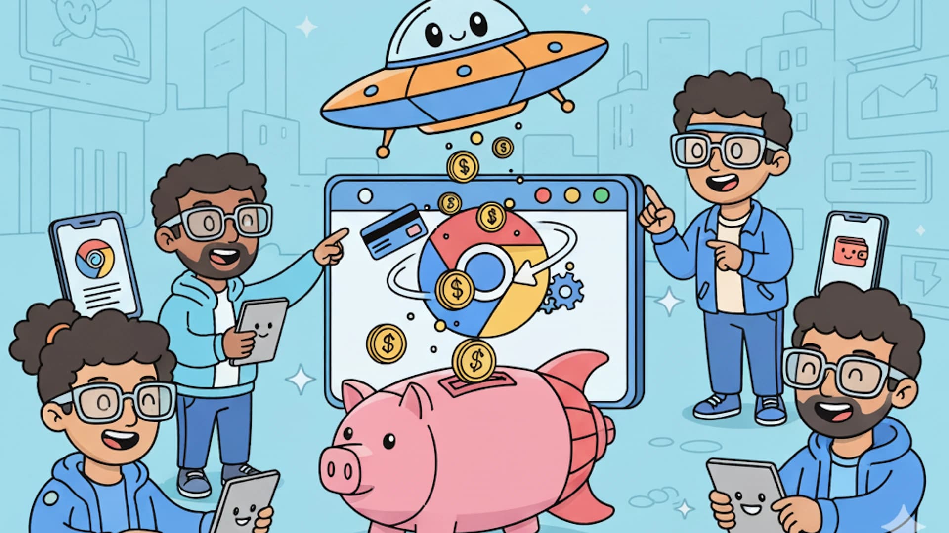 Cartoon characters collecting payments for a Chrome extension