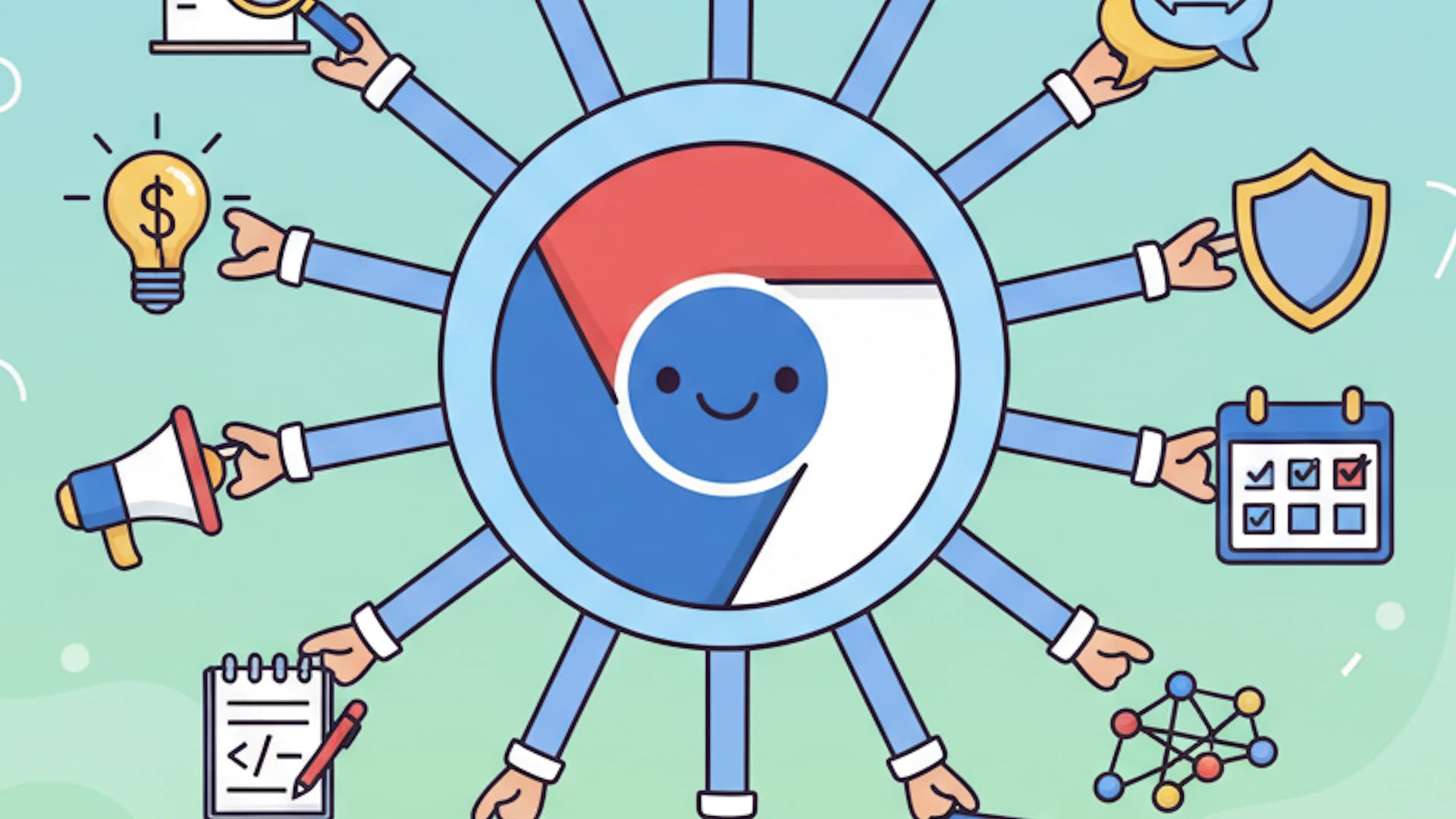 Cartoon Chrome extension with many different items in hand