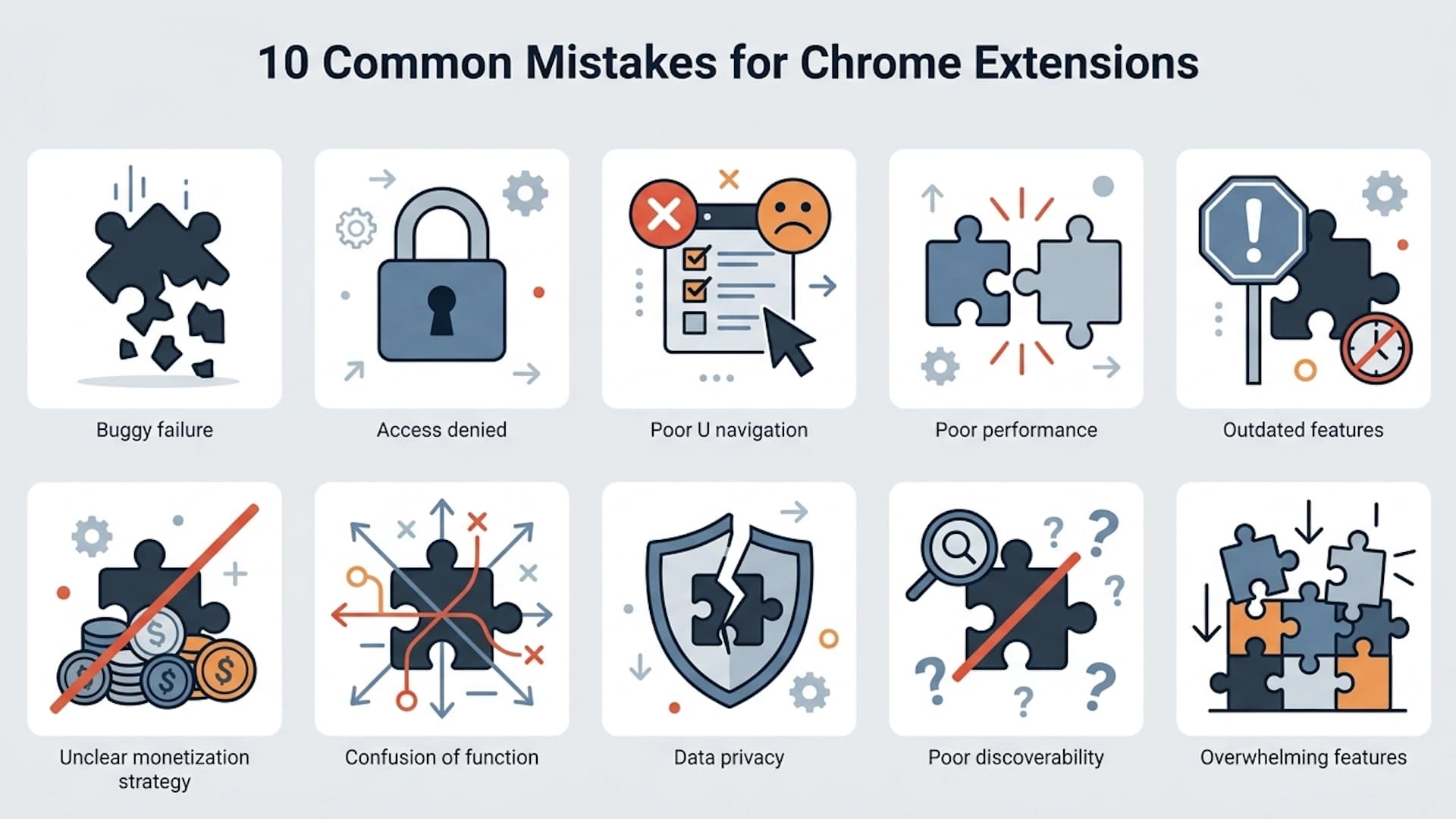 Cartoon showing a Chrome extension failing to launch