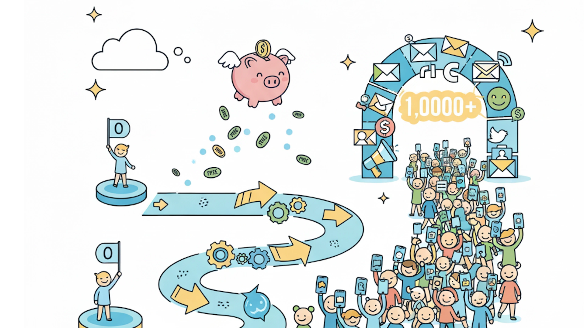 Pig flying with gold over cartoon humans