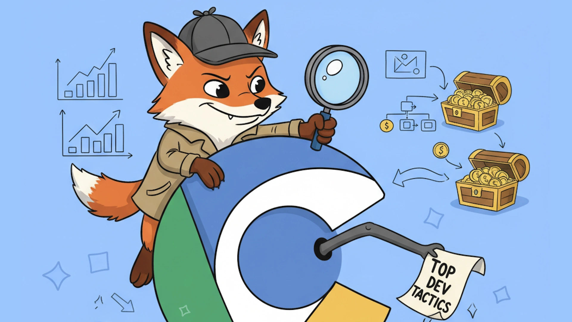 Cartoon fox on Chrome extension doing research analysis