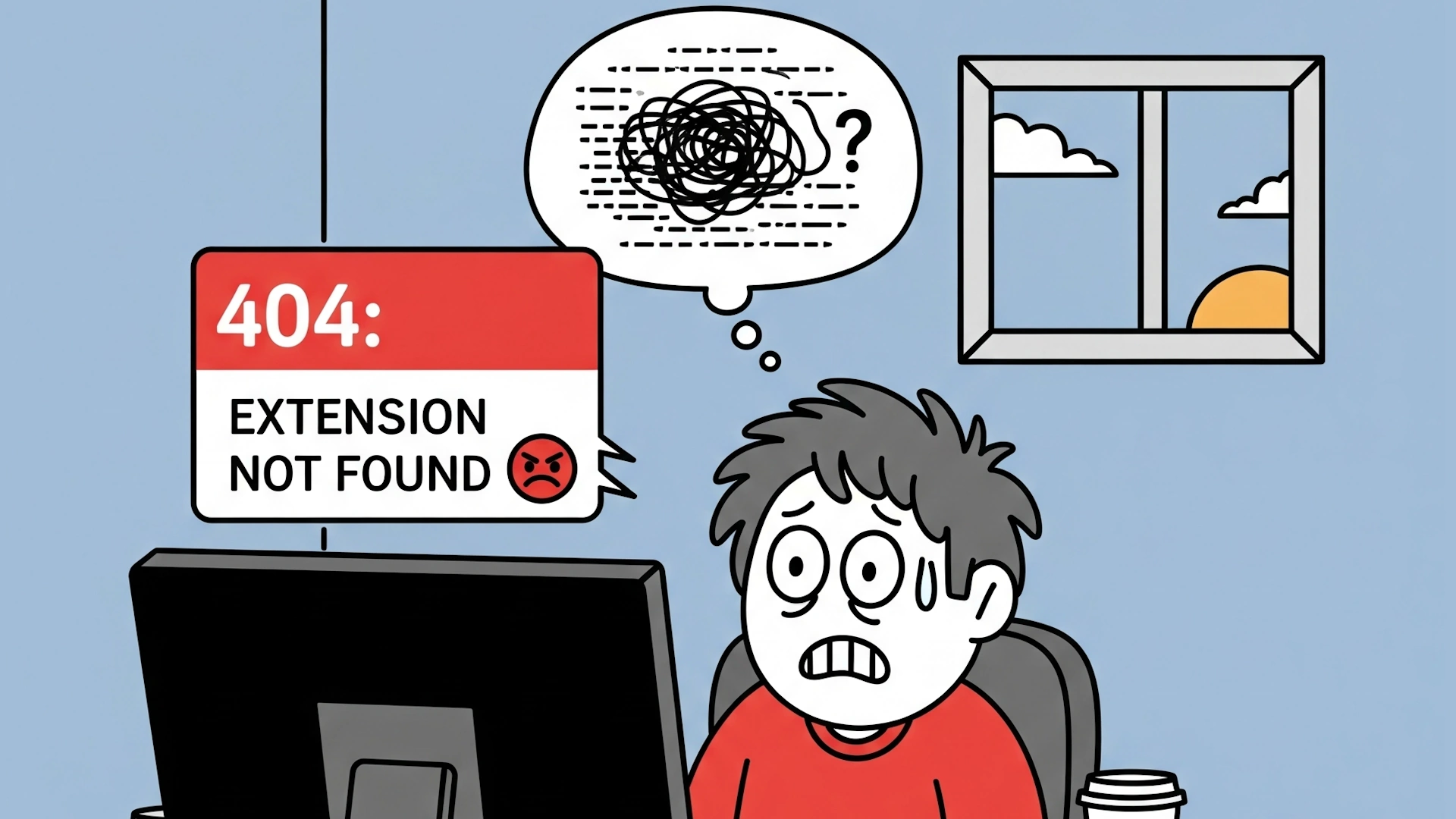 Cartoon boy struggling with web extension mistakes