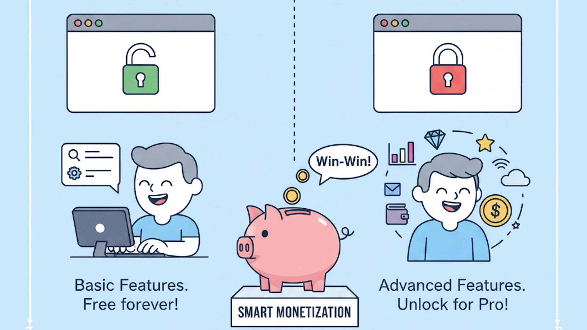 Cartoon boys with free and premium items