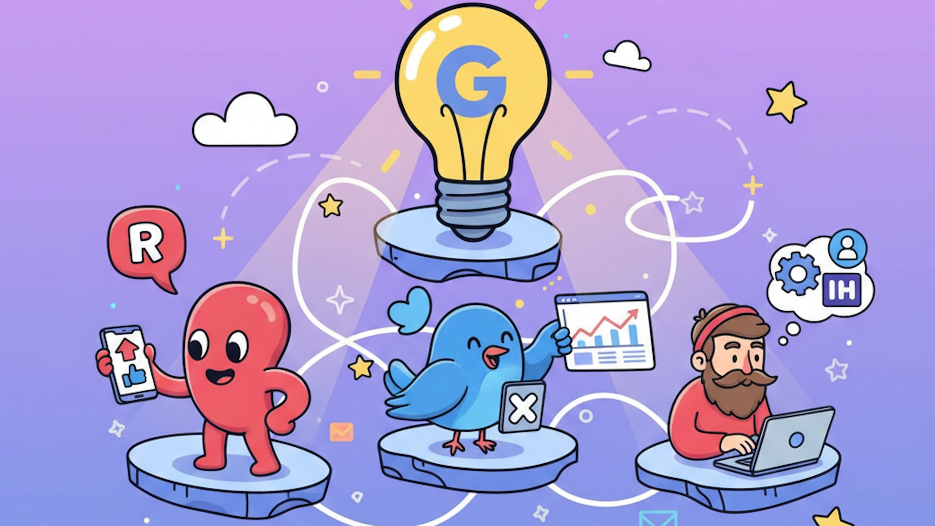 Cartoon characters representing social medias