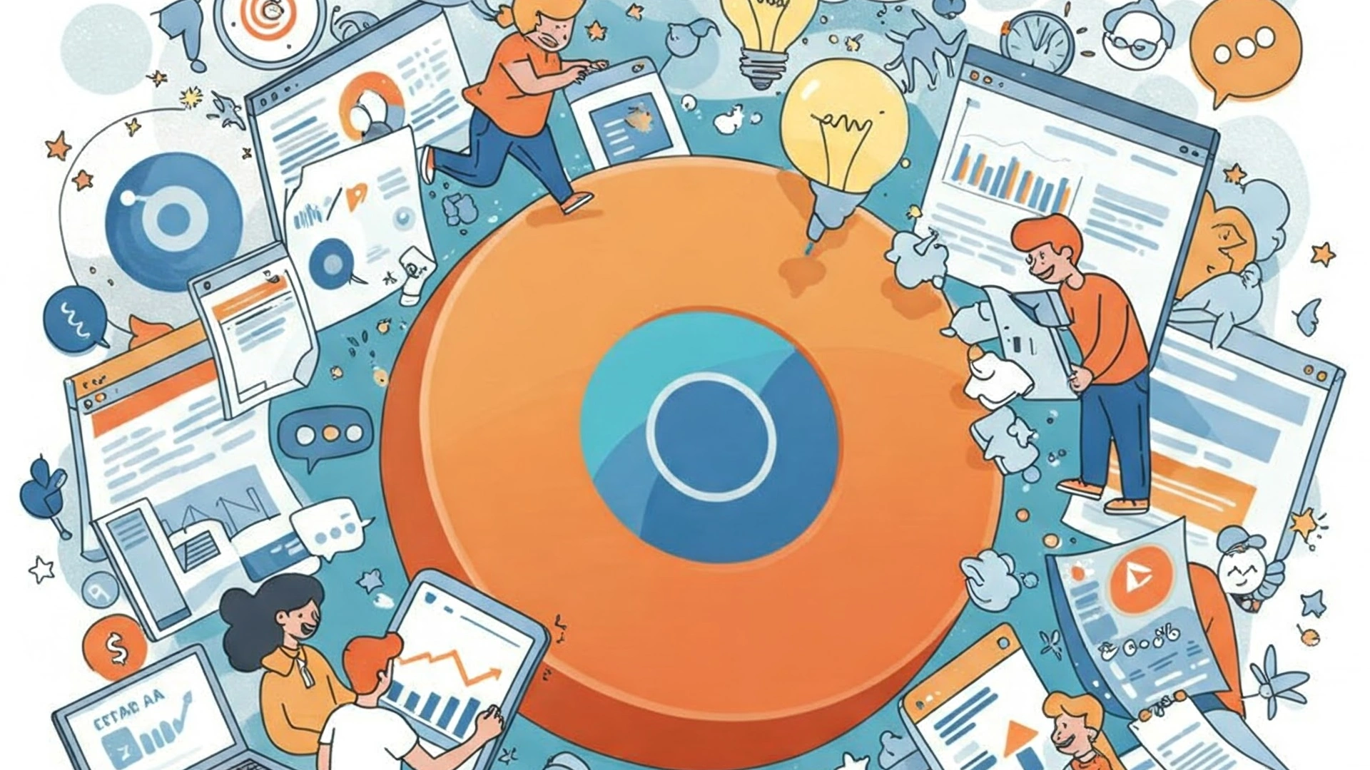 Cartoon boys and girls surrounding a Chrome extension logo