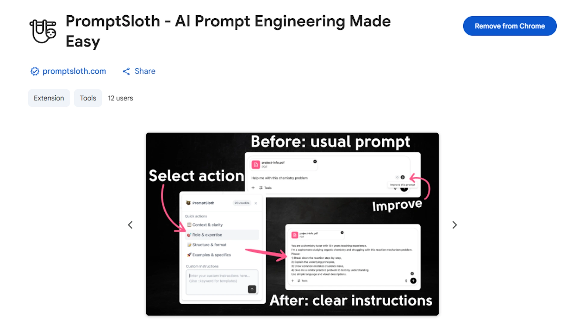 PromptSloth Chrome extension page